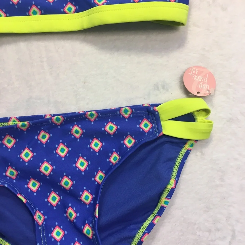 GB Girls Two Piece‎ Swimsuit Kids 14 Blue Neon Yellow New Geometric Bikini Set